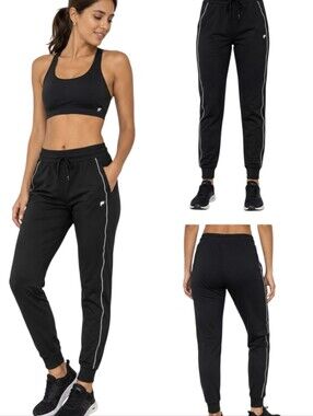 Fabletics Women's Black Athletic Jogger Pants Size M Drawstring Reflective Trim